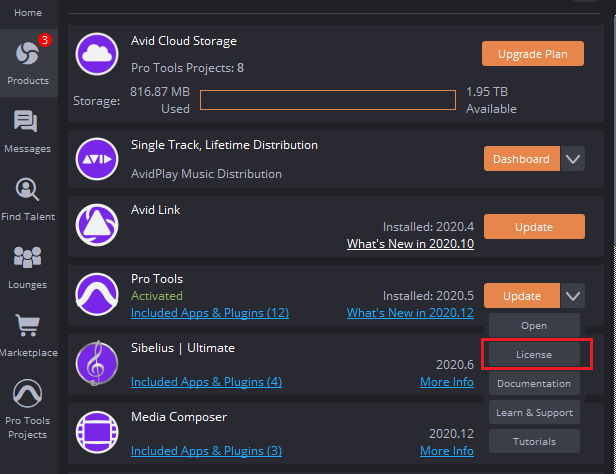 Avid Link screenshot - click on Licenses