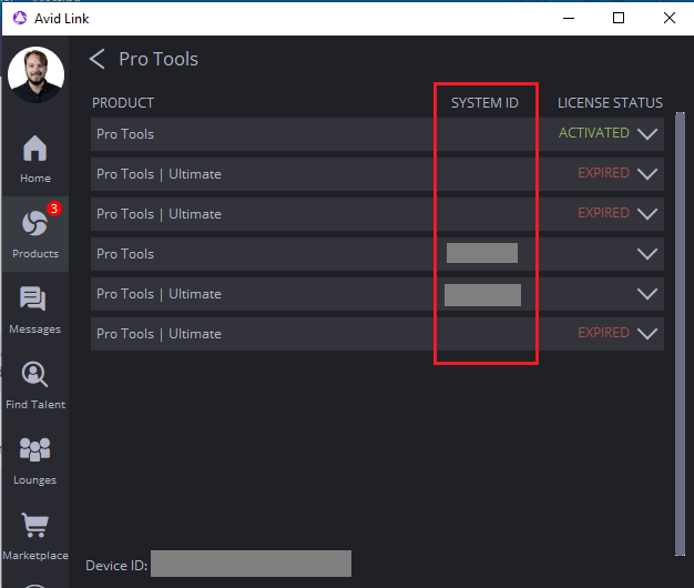 Avid Link screenshot showing system ID under Pro Tools